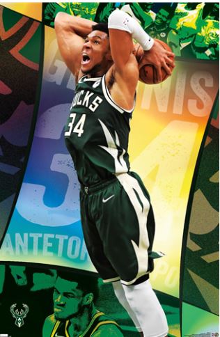 A basketball player in a green Milwaukee Bucks jersey, number 34, readies for a dunk. The action-packed background highlights “Antetokounmpo.” NBA Milwaukee Bucks - Giannis Dunk Basketball Poster by SPO from the Sport Collection.