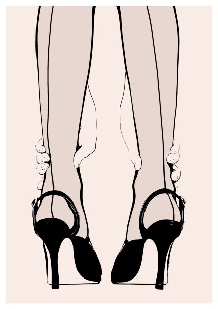 Illustration of a person viewed from behind, wearing stockings and high heels. The person is adjusting the stockings with both hands, creating a stylish and elegant impression. "Grabheels by Westmotel," brought to you by Blue Dog Posters, features minimalistic lines and a soft color palette, printed on high-quality 250gsm satin paper.