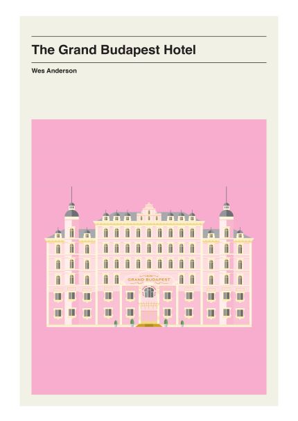 Grand Budapest Hotel by Otsutree, an illustrated art print offered by Blue Dog Posters, showcases the grand facade of "The Grand Budapest Hotel" in light pink shades against a striking bright pink background. The detailed drawing captures the ornate architecture of the building. Printed on high quality 250gsm satin paper, the title and director's name are prominently displayed at the top.