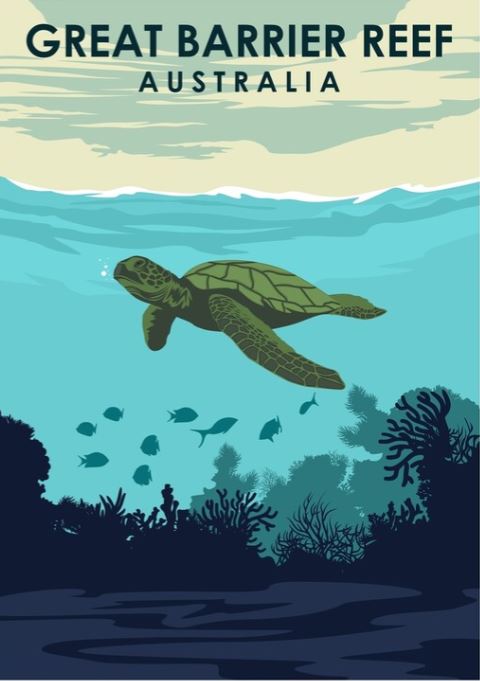 Imagine an illustration titled "Great Barrier Reef by Jorn Van Hezik," offered by TAP. This captivating artwork features a sea turtle gliding through the waters of the Great Barrier Reef, surrounded by diverse fish and vivid coral formations below. The text "Great Barrier Reef Australia" graces the top of this travel print, which beautifully portrays the underwater scenery in rich shades of blue and green on semi-gloss poster paper.