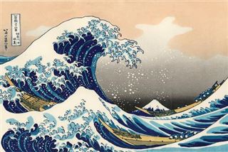 A famous artwork by Hokusai depicting a giant wave towering over boats with Mount Fuji in the background. The dynamic wave, featured on **The Great Wave - Hokusai** by **MEZ 001** printed on premium gloss paper, showcases frothy white crests against deep blue water and a sky gradient of warm and cool tones. Perfect for Art & Decor enthusiasts.