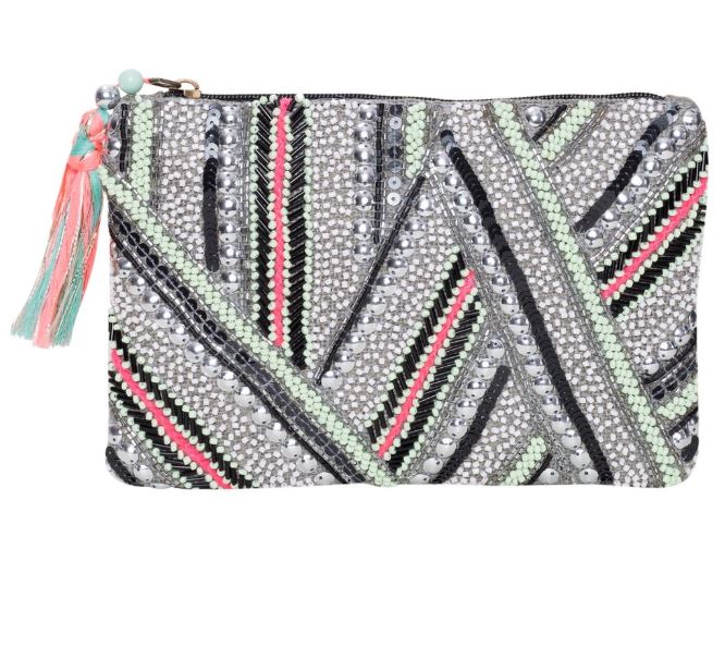 The Blue Dog Posters Embroidered Grey Sequins Evening Clutch is a colorful accessory that showcases intricate geometric designs adorned with sequins, beads, and stitched accents in shades of silver, black, green, and pink on jute fabric. The zipper is complemented by multicolored tassels.