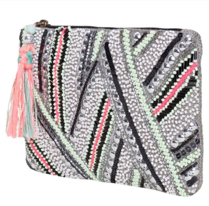 The Embroidered Grey Sequins Evening Clutch by Blue Dog Posters is a vibrant and glittering accessory. Adorned with rows of sequins and beads in black, silver, green, and pink, it boasts multicolour hand embroidery on durable jute fabric. It also features a zipper closure with an attached pink, green, and white tassel.