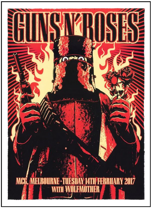A concert poster titled "Guns n Roses Melbourne 2017" from the TAP brand features an illustration of a masked figure holding a gun and a rose. The text reads: "Guns N’ Roses, MCG, Melbourne, Tuesday 14th February 2017, with Wolfmother." Rendered in red, yellow, and black hues with flame graphics on matte art paper.