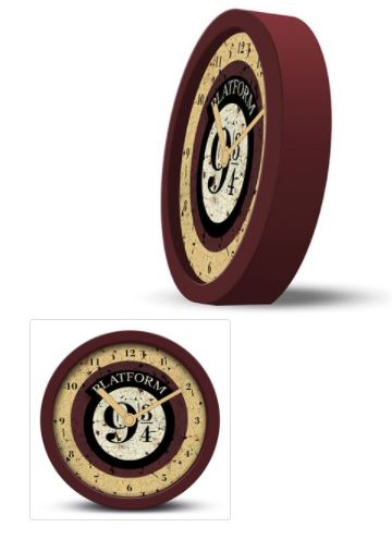 Introducing the Harry Potter 9 3/4 Desk Clock by Blue Dog Posters: This round wall clock boasts a charming vintage design. Its clock face is adorned with black hour and minute hands, Roman numerals on the outer rim, and prominently displays "Platform 9 3/4" at the center. The maroon outer frame enhances its classic appeal. A smaller inset image provides a detailed closer view of this enchanting timepiece.