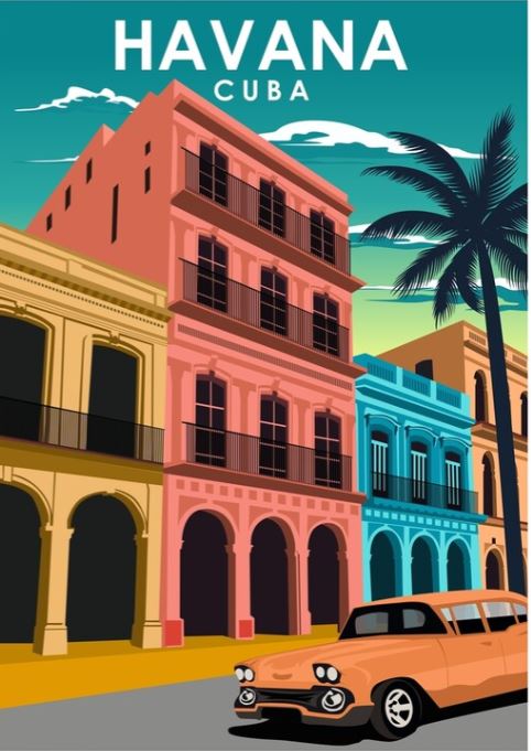 The "Havana Cuba" by Jorn Van Hezik from TAP features an artistic illustration of a street in Havana, Cuba with vibrant colonial-style buildings in pink, yellow, and blue. A classic car is parked on the street in front of the buildings, and a tall palm tree stands against a greenish-blue sky. This piece is perfect for your Vintage Advertising Art Print or Travel Prints Collection.