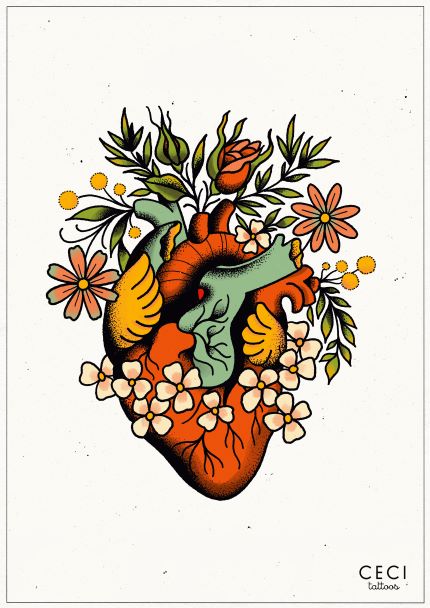 Illustration of a heart in anatomical style, surrounded by various colorful flowers and leaves. The heart is depicted in red and green hues with intricate detailing. This vibrant art print, titled "Heart by Ceci Tattoos," is part of the Featured Artists Collection from Blue Dog Posters, with the artist's signature, "CECI tattoos," visible in the bottom right corner.
