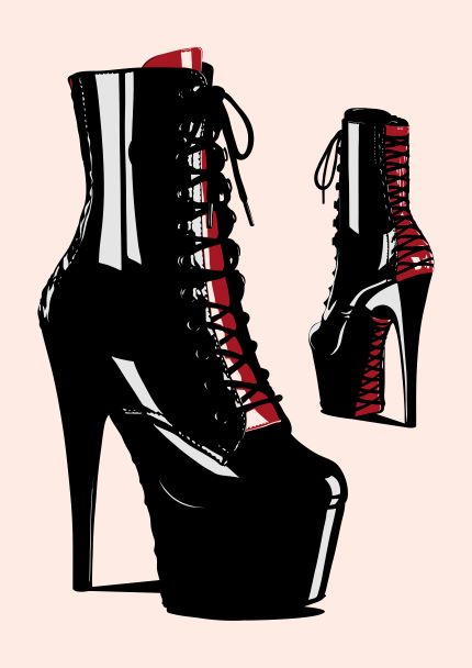 A vector illustration of black glossy platform high-heel lace-up boots with red interior lining, titled "Heel 2 by Westmotel" from the brand fap, presented as an art print. The design emphasizes the shiny material and features one full view of the boot and another smaller, angled view to the right—ideal for showcasing on satin paper by featured artists.