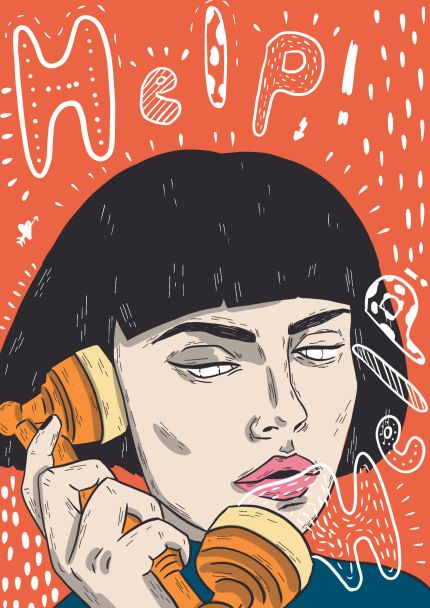 An illustrated person with a straight black bob haircut holds a vintage telephone receiver to their ear, wearing an indifferent expression. The word "Help" in stylized letters is prominently displayed around their head on a red background. Part of the Featured Artists Collection, *Help by Mari T* from Blue Dog Posters is an art print on high-quality 250gsm Satin Paper.