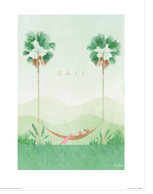 An illustration depicts a person in a pink and white outfit relaxing in a hammock strung between two palm trees. "Henry Rivers Bali" by Blue Dog Posters is written in uppercase letters above. The background includes soft green hills and foliage, evoking a tranquil, tropical setting.