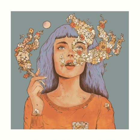 High on Life by Norman Duenas, part of GAL44's exclusive Gallery Series, depicts a woman with long blue hair in an orange top. She holds a cigarette with smoke turning into flowers around her face, and a small moon floats in the top left corner against a muted blue background. Printed on archival paper.