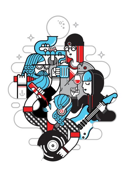 The "Hipsters by Dario Genuardi A5" print from Blue Dog Posters features a lively illustration of five cartoonish characters in a party scene with musical instruments and drinks. One person is playing the guitar, another plays the keyboard; one is cheering with a beer, another raises a glass of wine, while a fourth character in a hoodie mixes music. The background is beautifully stylized with clouds and stars, making it ideal for Mini prints.