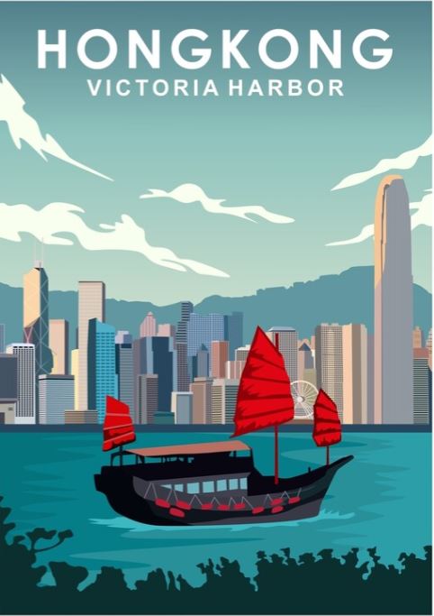 Introducing "Hong Kong" by Jorn Van Hezik from TAP's Travel Prints Collection. This illustration captures the iconic scene of Victoria Harbor with a traditional boat adorned with red sails in the foreground, flanked by a modern skyline of high-rise buildings. The mountains and a partially cloudy sky provide a stunning backdrop, all printed on semi-gloss poster paper.