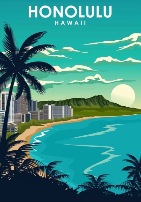 Illustrated image titled "Honolulu by Jorn Van Hezik," showcasing a beachfront lined with buildings and palm trees. The turquoise ocean meets the sandy beach, and green hills rise in the distance under a bright sky with scattered clouds. This vintage advertising art print, brought to you by TAP, captures the magic of paradise on semi-gloss poster paper.