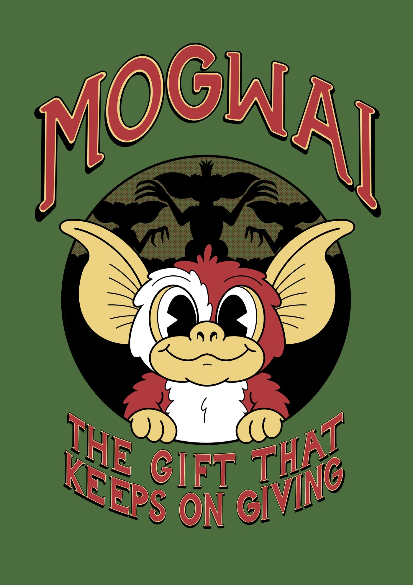 Illustration of a cute, fluffy creature with big ears and wide eyes, centered against a black circle with silhouettes of similar creatures. Text above and below reads "MOGWAI BY JOHN RODERICK PAINE THE GIFT THAT KEEPS ON GIVING." Part of the fap Featured Artists Collection. The background is a solid green.