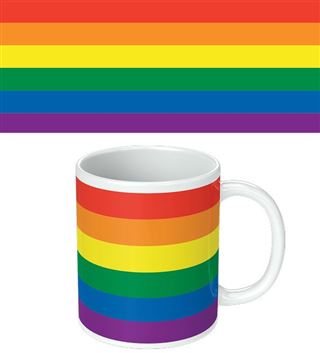 An image showcasing the Pride Flag Mug from Blue Dog Posters, part of our Homewares Collection, wrapped in the rainbow stripes of the LGBTQ+ pride flag. The mug, which is dishwasher safe, is below an image of the flag itself, featuring horizontal stripes in red, orange, yellow, green, blue, and purple.