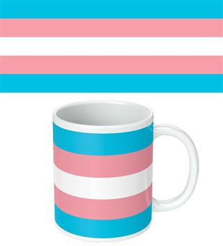 The Pride - Transgender Flag Mug from Blue Dog Posters is a white coffee mug adorned with horizontal stripes in blue, pink, and white. These colors mirror the transgender pride flag shown in the background, which has five stripes: two blue, two pink, and one white in the center. Additionally, this mug is dishwasher safe.