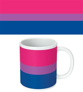 Introducing the Pride - Bisexual Flag Mug by Blue Dog Posters: This white mug showcases the bisexual pride flag with three distinct horizontal bands—a wide magenta stripe at the top, a narrower purple stripe in the middle, and a wide blue stripe at the bottom. As part of our Homewares Collection, this durable, dishwasher-safe mug proudly features this vibrant flag design as well.