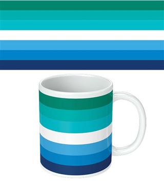 The Pride - Gay Man Flag Mug by Blue Dog Posters is a white ceramic mug that showcases horizontal stripes in vibrant shades of blue, teal, and green. The pattern is also featured above the main design on the mug. These alternating dark and light hues create a stunning gradient effect. The mug, which has a plain white handle, is also dishwasher-safe.