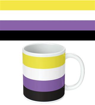 Introducing the Pride - Non Binary Flag Mug by Blue Dog Posters: a white mug from our Homewares Collection, adorned with the non-binary pride flag colors—yellow, white, purple, and black—arranged in horizontal stripes. Above the mug is an image of the same flag with the four horizontal stripes. This dishwasher-safe mug is perfect for everyday use.