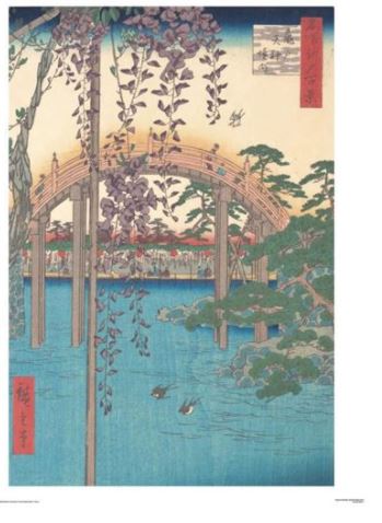 A traditional Japanese woodblock print featuring a tall arched wooden bridge over a serene body of water. Wisteria flowers hang from branches in the foreground, while ducks swim below. People can be seen crossing the bridge amidst a backdrop of trees and soft sky hues, perfect for Hiroshige - Kemido Shrine 60x80cm by MEZ 040.