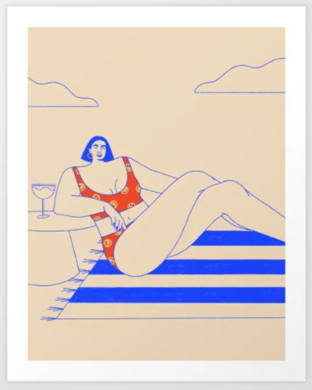Illustration of a person lounging on a striped blue and white beach towel. The person is wearing a red swimsuit with floral patterns and has short dark hair. A small table beside them holds a cocktail glass. Simplistic clouds are in the background, capturing the serene moment in an "I Need a Drink by Isabela Humprey" Art Print from our GAP Gallery Series.