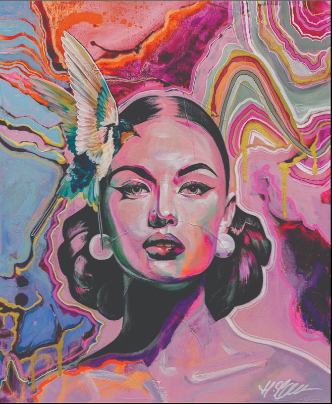 The "Iris" painting by Heylie Morris from Blue Dog Posters features a woman with stylized features and a hummingbird perched on her head. The background is an abstract blend of swirling, vivid colors in shades of pink, blue, yellow, and orange on matte art paper, creating a dynamic and energetic composition.