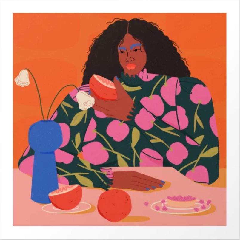 Depiction of a person with long, curly hair holding a piece of fruit, dressed in a green top adorned with pink floral patterns. The table features a blue vase containing white flowers, another piece of fruit, and a plate filled with small pink items. The backdrop is orange. Ideal as an Art Print in the Large Gallery Series on archival paper. Presenting "Woman Dessert & Fruit by Isabela Humprey," available from GAP.