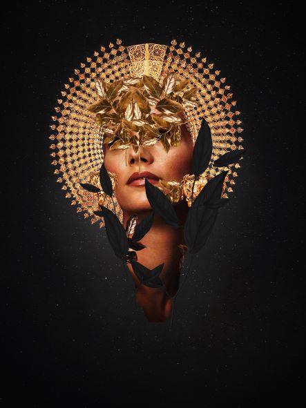 Introducing "JRSLM" by Frank Moth, a surreal art print featuring a woman's face adorned with golden leaves covering her eyes and forehead. A radiant golden halo encircles the top of her head, set against a dark, starry background. Black leaves extend around her neck and shoulders, creating a mystical and ethereal effect on satin paper. This masterpiece is part of the Featured Artists Collection from Blue Dog Posters.