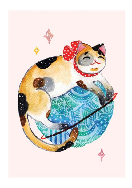 An illustration titled "Cat Planet" by Jess Chen features a calico cat with a red polka-dot bow, contentedly relaxing on a blue-green patterned ball of yarn. The cat has a serene expression, and a knitting needle rests in the yarn. This charming piece from Blue Dog Posters' Little Art series is set against a light pink background adorned with star-like sparkles. Available in A5 size.