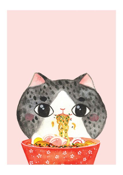 A cute, wide-eyed cartoon cat with gray and black spots is enjoying a bowl of ramen. The red bowl adorned with white floral patterns is brimming with noodles, vegetables, and eggs. Set against a pastel pink background, this charming piece titled "Cat Ramen by Jess Chen A5" from Blue Dog Posters is an ideal choice for Mini Prints or Deluxe Postcard Frames in our Little Art series.