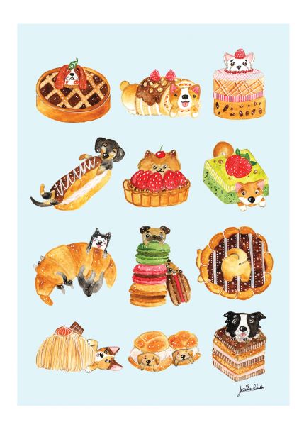 Illustration of various desserts with playful animal designs integrated into them. Examples include a cat peeking from a pie, dogs resembling eclairs, a corgi merging from a cake, and more whimsical combinations of animals with pastries and sweets—all part of the Dog Pastries by Jess Chen A5 collection from Blue Dog Posters.