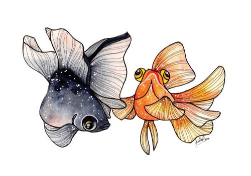 Illustration from the Little Art series titled "Goldfishes" by Jess Chen, featuring two stylized fish with flowing fins. The left fish has a dark body speckled with white spots, resembling a galaxy. The right fish is orange with a lighter underside. Both fish have large, expressive eyes and appear to be swimming in harmony, perfect for Mini Prints or Deluxe Postcard Frames by Blue Dog Posters.