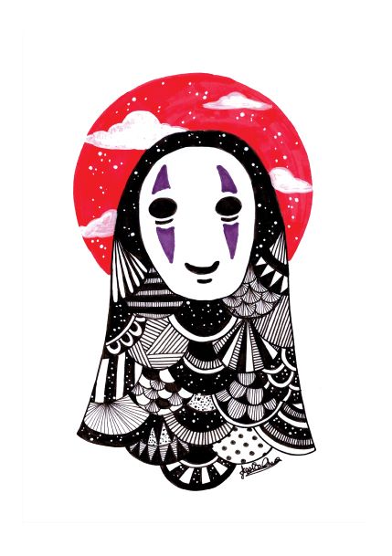 Illustration of a stylized white mask with purple markings and a black cloak adorned with intricate patterns. The figure is set against a bright red circular background with white clouds, creating a surreal and whimsical atmosphere. Perfect for Mini Prints or Deluxe Postcard Frames in your collection, showcasing the unique art style of "No Face by Jess Chen A5" from Blue Dog Posters.