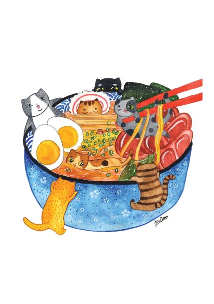 The "Ramen by Jess Chen A5" from Blue Dog Posters features a whimsical illustration where various cartoon cats playfully interact with a large bowl of ramen. One cat peeks from inside the bowl while another climbs its side. Red chopsticks lift noodles, revealing vibrant toppings in this delightful A5 Mini Print from the Little Art series.