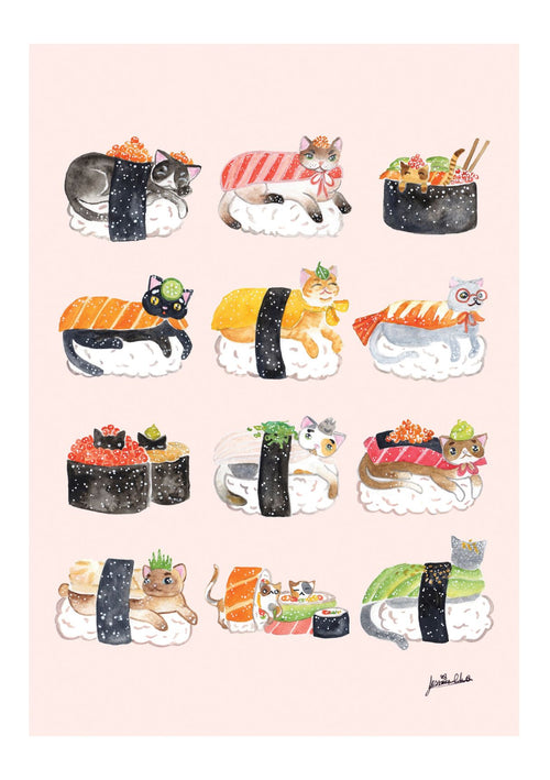 The Sushi Cats by Jess Chen A5 from Blue Dog Posters is a whimsical illustration showcasing twelve cats styled as various sushi rolls. Each cat is adorned with unique sushi toppings and garnishes, resting on rice with seaweed wraps. Perfect for the Little Art series, the soft pink background enhances the playful and cute theme.