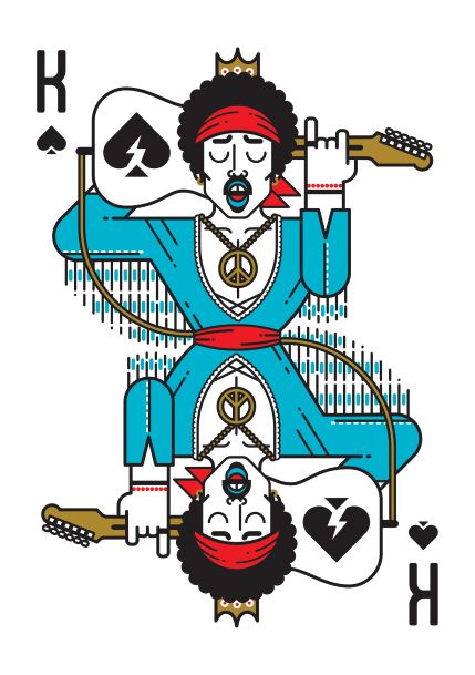 Illustration from the "Jimi Hendrix by Dario Genuardi A5" collection by Blue Dog Posters. Depicted as the King of Spades playing an electric guitar, this beloved figure among art enthusiasts is adorned with a crown, sunglasses, a red headband, and a peace necklace. This Mini print card features a mirrored design, showcasing the king holding the guitar at both the top and bottom.