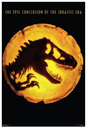 The MTV Jurassic World Dominion Logo features a cracked, glowing amber disc with a T. rex skull and "The epic conclusion of the Jurassic era" as a Hit Movie Poster on premium 150gsm gloss paper against a black background.
