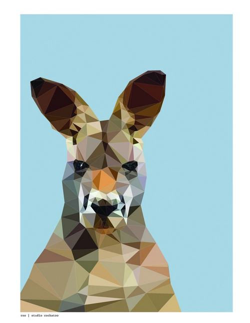 A geometric illustration of a kangaroo against a light blue background. The kangaroo's body, head, and ears are composed of colorful, angular polygons, creating a faceted, abstract appearance. This art print by Studio Cockatoo titled "Roo by Studio Cockatoo" is part of the Featured Artists Collection and printed on satin paper by fap.