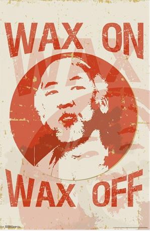 The "Karate Kid - Wax on Wax Off" poster from MTV 307 features a distressed, vintage-style design with a stylized portrait of an elderly man. The text "WAX ON" appears above his head and "WAX OFF" below, set against a primarily red and beige color scheme that delivers a retro aesthetic. This makes it an eye-catching addition to any Movies & TV Collection.