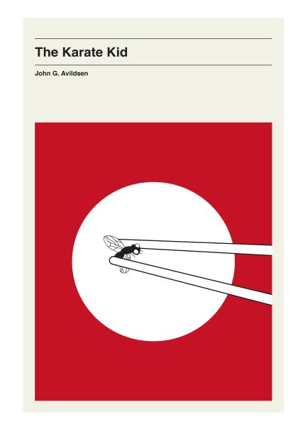The Karate Kid" poster by Otsutree, part of the Blue Dog Posters' Featured Artists Collection, showcases minimalist art. The print depicts a pair of chopsticks holding a fly against a red background with a white circle in the center, symbolizing both the Japanese flag and the film's karate theme.