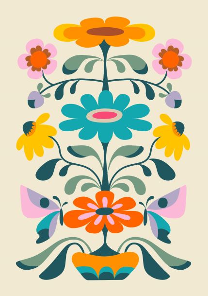 An illustration of a symmetrical floral design featuring bright orange, yellow, blue, and pink flowers with green leaves and stems. It is arranged vertically with a balanced and vibrant color palette against a light beige background, perfect for mini prints in the Little Art series or Deluxe Postcard Frames. This beautiful piece is titled "Keep Growing" by Rachel Lee A5 from Blue Dog Posters.