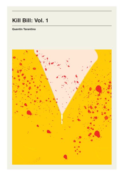 Minimalist art print for "Kill Bill Volume 1" by Otsutree. This piece features a yellow background with red blood splatters and a central white triangular shape, resembling a katana blade. The text at the top reads "Kill Bill: Vol. 1 Quentin Tarantino" in a simple font. Part of the Featured Artists Collection by Rachel Lee, brought to you by Blue Dog Posters.