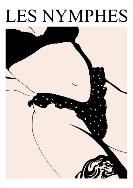 The "Les Nymphes by Westmotel" minimalist illustration from Blue Dog Posters depicts a close-up of a woman's midsection dressed in black lingerie. The design accentuates her navel and features a tattoo on her thigh, all set against a soft beige background. This high-quality art print, part of the Featured Artists Collection, is printed on premium 250gsm satin paper.