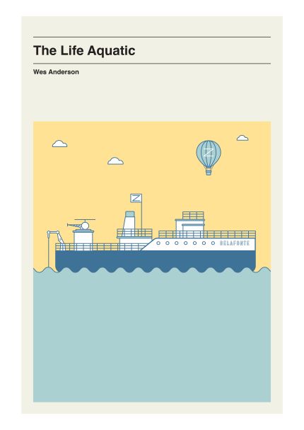 The Life Aquatic Belafonte by Otsutree" minimalist art print features the ship "Belafonte" sailing on teal waters, set against a light yellow sky with a bird and hot air balloon in the background. Part of Blue Dog Posters' Featured Artists Collection, it's printed on high-quality 250gsm satin paper.