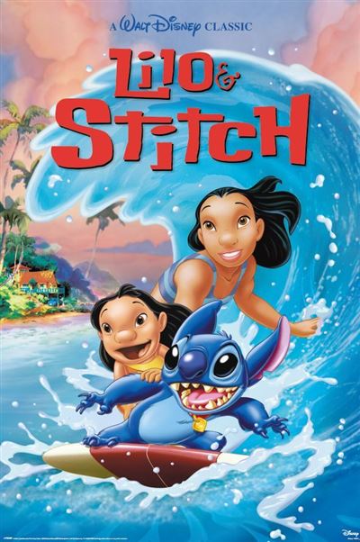 Poster featuring "Lilo & Stitch," a Walt Disney classic from KID 045, part of our Movies & TV Collection. It showcases Lilo, her sister Nani, and Stitch surfing on a wave. Lilo rides a surfboard with Stitch while Nani surfs behind them. Palm trees and an ocean backdrop complete the scene on premium gloss paper.