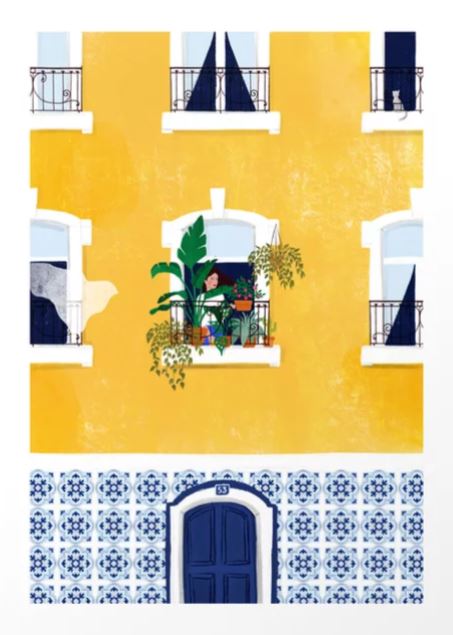 Introducing "Lisbon Girl" by Maja Tomljanovic for Blue Dog Posters: a vivid illustration showcasing a charming yellow building adorned with white trim and numerous windows. A person is depicted watering plants on one balcony, while other balconies feature railings with hanging clothes and a cat in view. The lower section of the building is decorated with beautiful blue and white patterned tiles. This artwork makes an excellent addition as an art print.