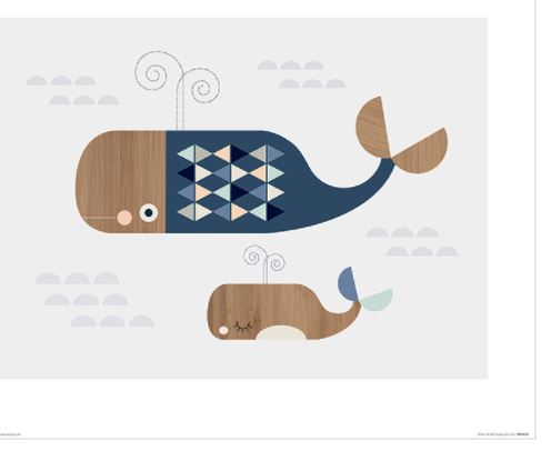 An illustration from the Little Design Haus Whales series by Blue Dog Posters depicts two whales swimming. The larger whale showcases a dark blue body with a light wood texture and a diamond pattern, while the smaller whale features a light wood texture with a blue tail fin and water spouts above both whales. Cloud-like shapes fill the background.