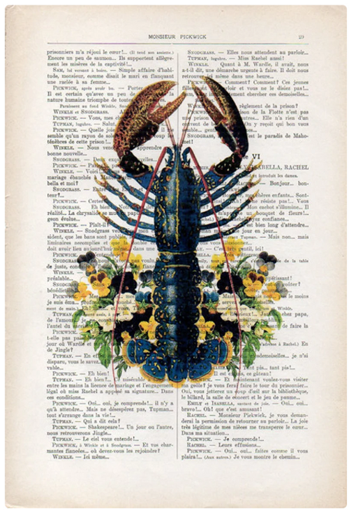 The "Antique Book print 29 x 19cm Lobster Flowers" by ABP features a vibrant lobster illustration superimposed on a vintage book page with French text, adorned with flowers entwined around its claws and legs, creating a whimsical and artistic composition.