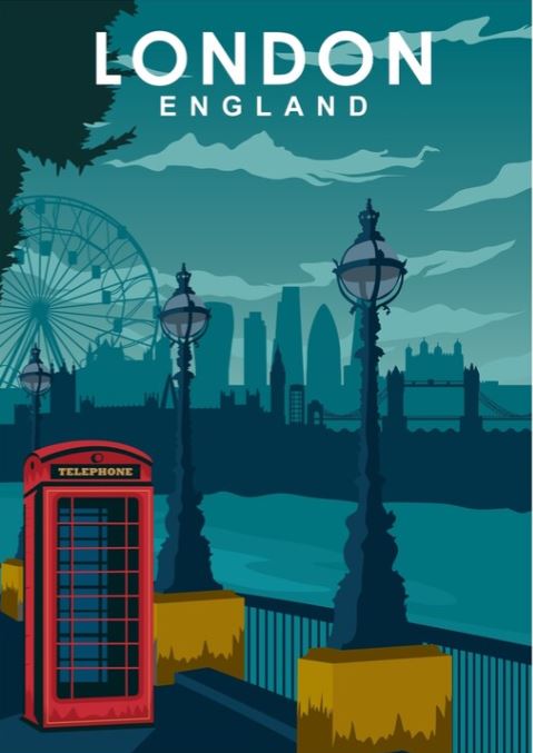 An illustration of London's skyline featuring the London Eye, The Shard, and the Houses of Parliament. In the foreground, there is a traditional red telephone box, street lamps, and a railing by the River Thames set against an evening sky. This beautiful artwork is part of our Travel Prints Collection by TAP and comes on premium quality 185gsm Semi Gloss Poster Paper. The piece is titled 'London' by Jorn Van Hezik.
